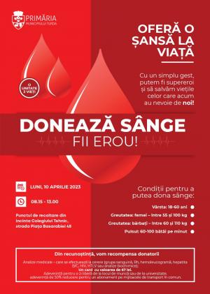 În 10 aprilie va avea loc o nouă campanie de donare de sânge la Turda, organizată de Primăria Municipiului Turda