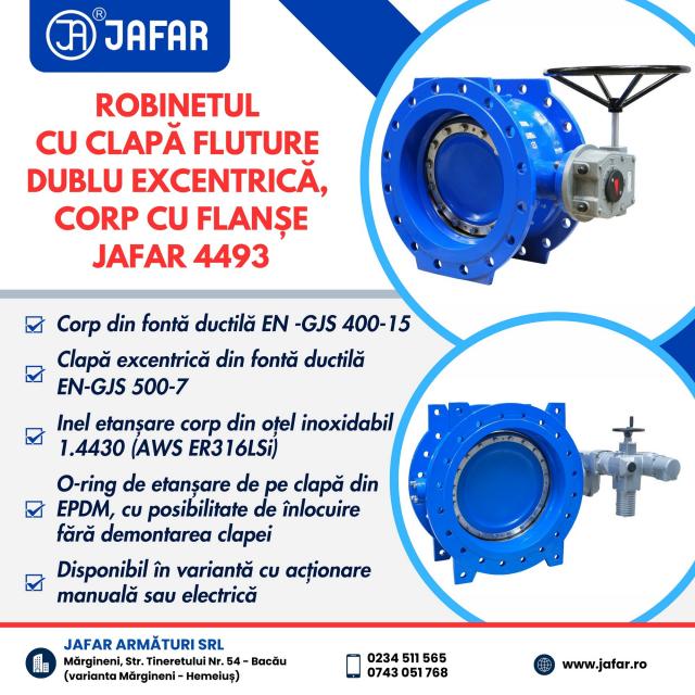 Robinetul cu clapă fluture dublu excentrică, corp cu flanșe JAFAR 4493