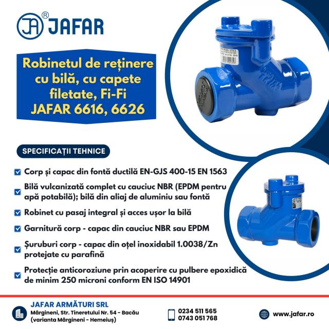 Robinetul de reținere cu bilă, cu capete filetate, Fi-Fi JAFAR 6616, 6626